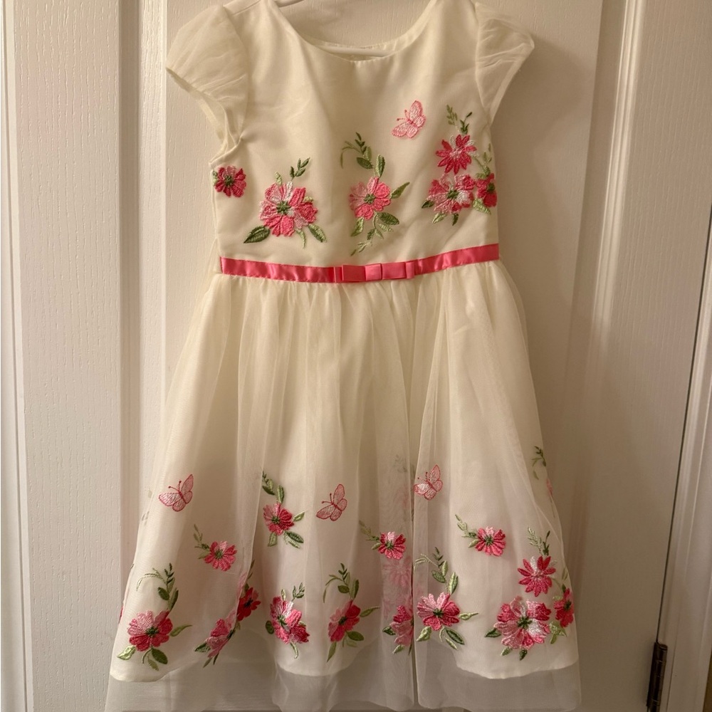 Girls Floral Embroidered Ivory Party Dress with Pink Accents